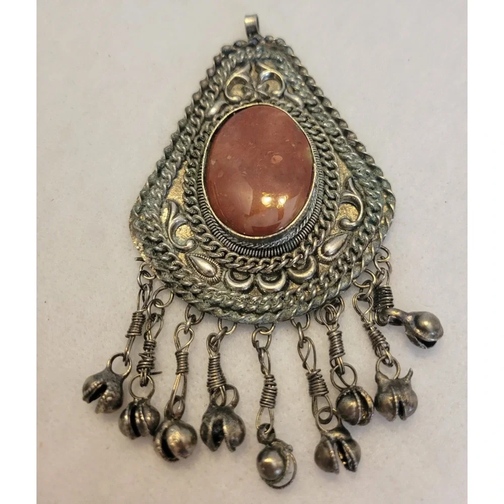 Vintage Tribal Boho Ethnic Pendant Carnelian Type Bell Statement Silver Tone